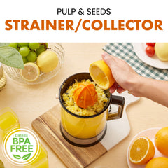 Elite Gourmet ETS740 close-up of strainer capturing seeds and regulating pulp for smooth juice