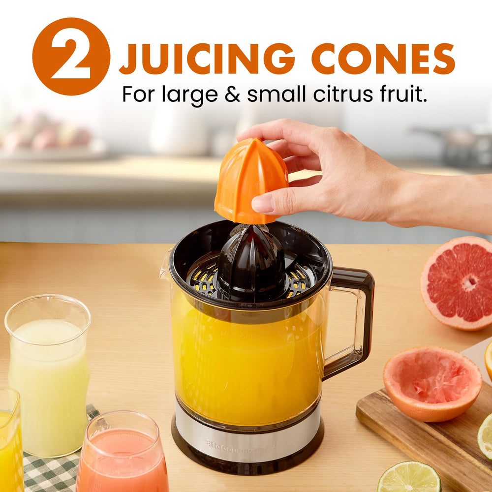 Elite Gourmet ETS740 two reamer cones displayed to fit small limes and large oranges