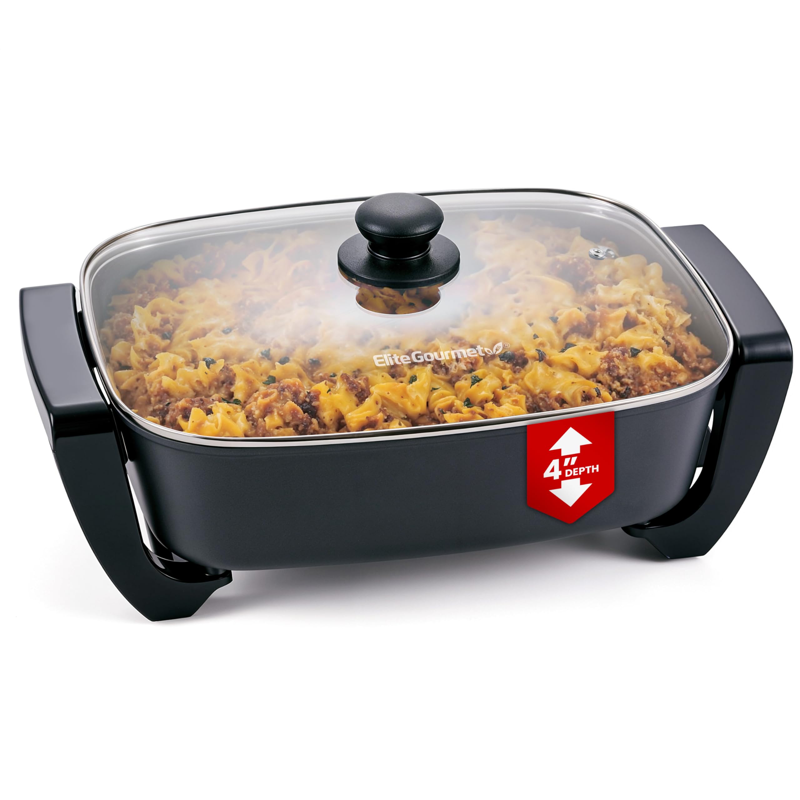 Elite Gourmet front view of electric skillet showing size and handles benefit fast serving
