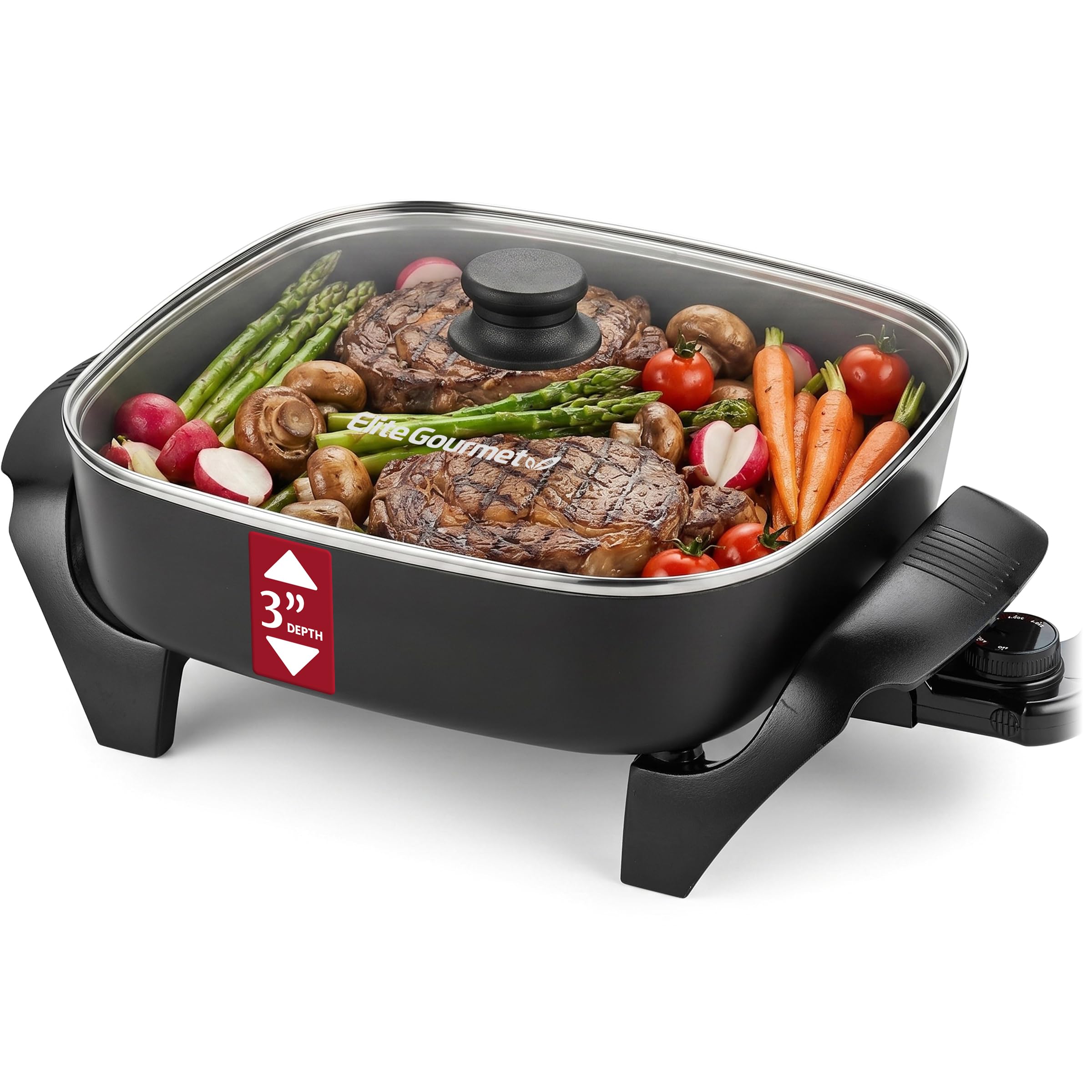 Elite Gourmet front view of 12 inch skillet showing full cooking surface and handles for family meals