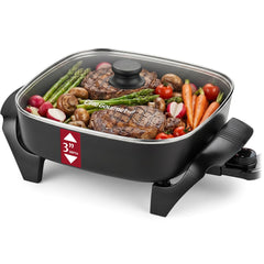 Elite Gourmet front view of 12 inch skillet showing full cooking surface and handles for family meals