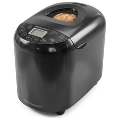 Elite Gourmet front view showing compact black bread maker and clear lid benefit: saves counter space