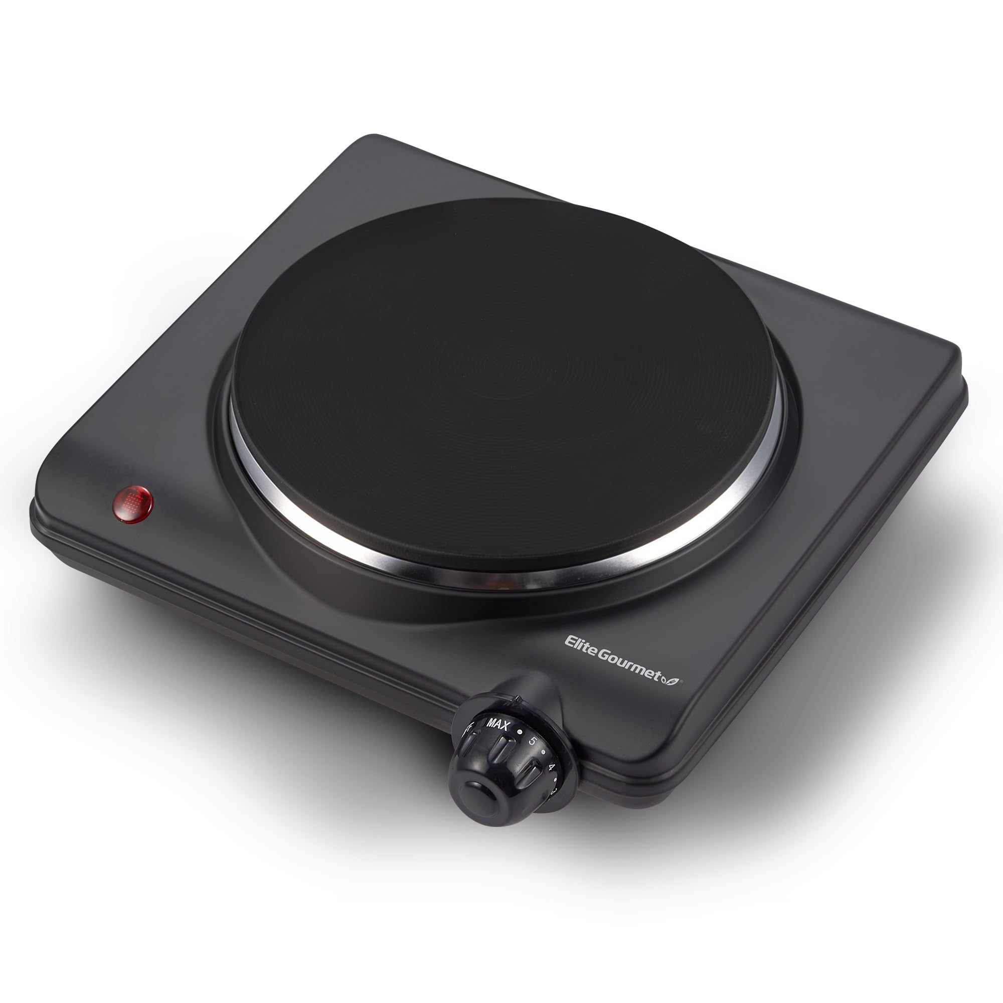 Elite Gourmet front view showing compact hot plate and controls for space-saving cooking