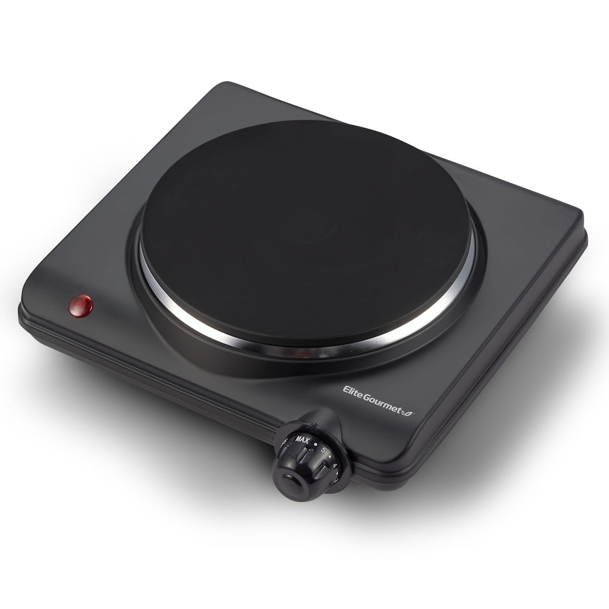 Elite Gourmet front view showing compact hot plate and controls for space-saving cooking