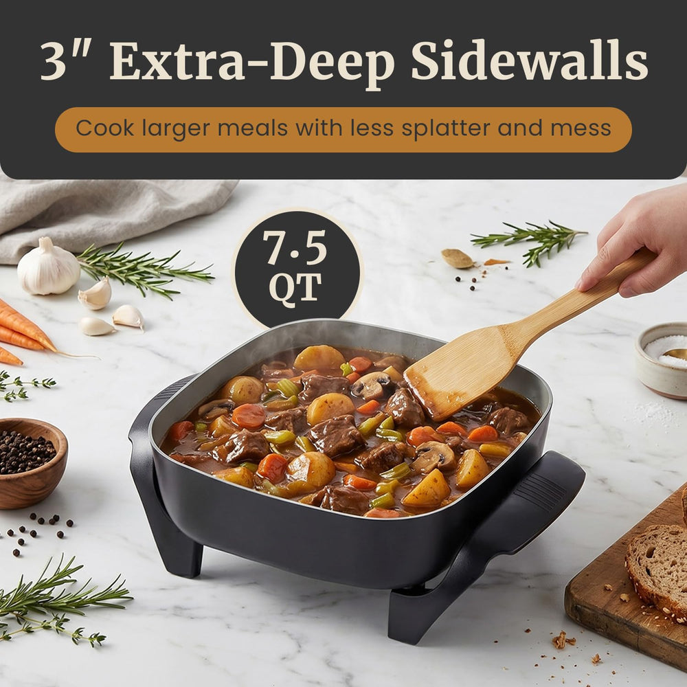 Elite Gourmet skillet in use with stir-fry demonstrating even heat and contained splatter
