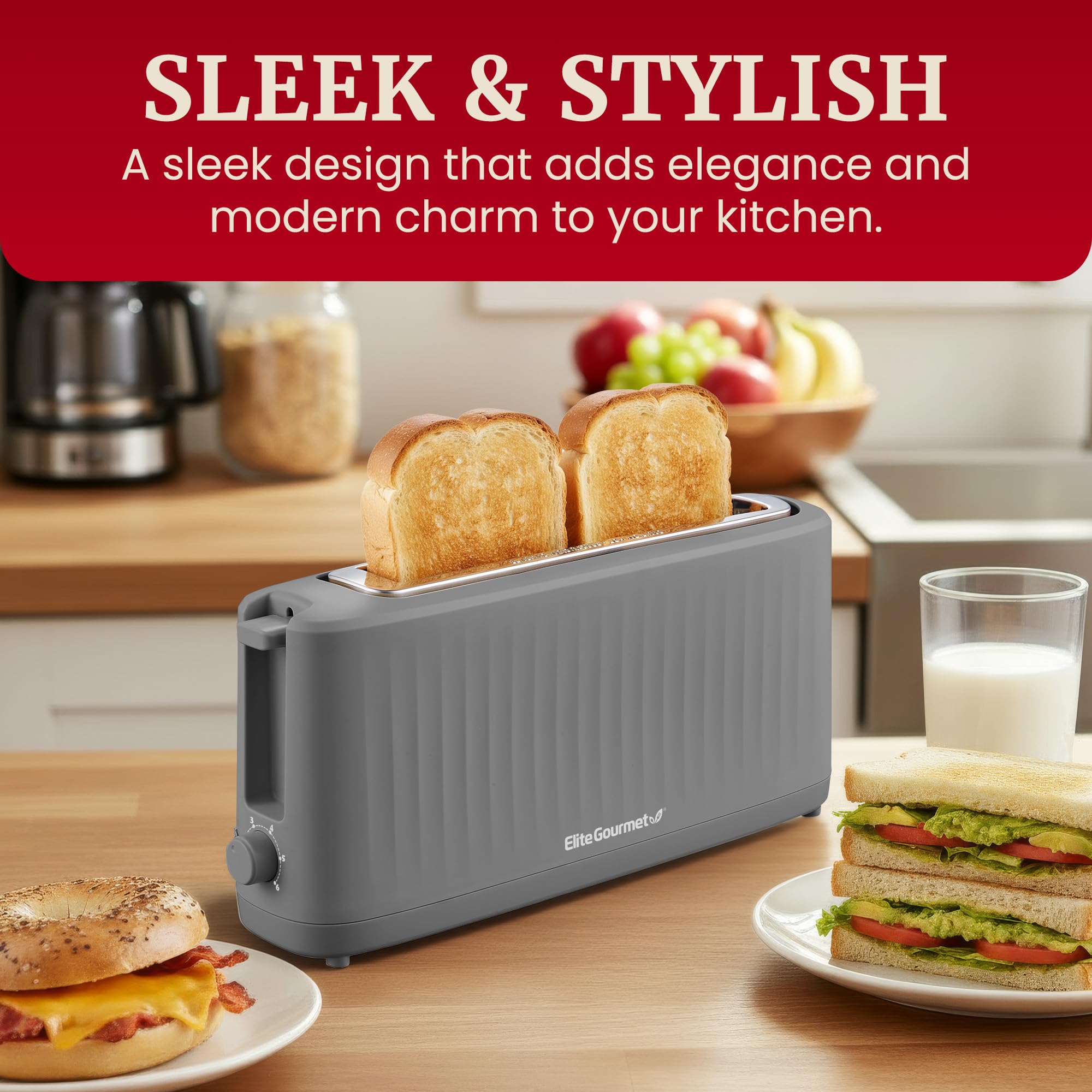Elite Gourmet close-up of 10-inch long slot showing easy fit for artisan bread