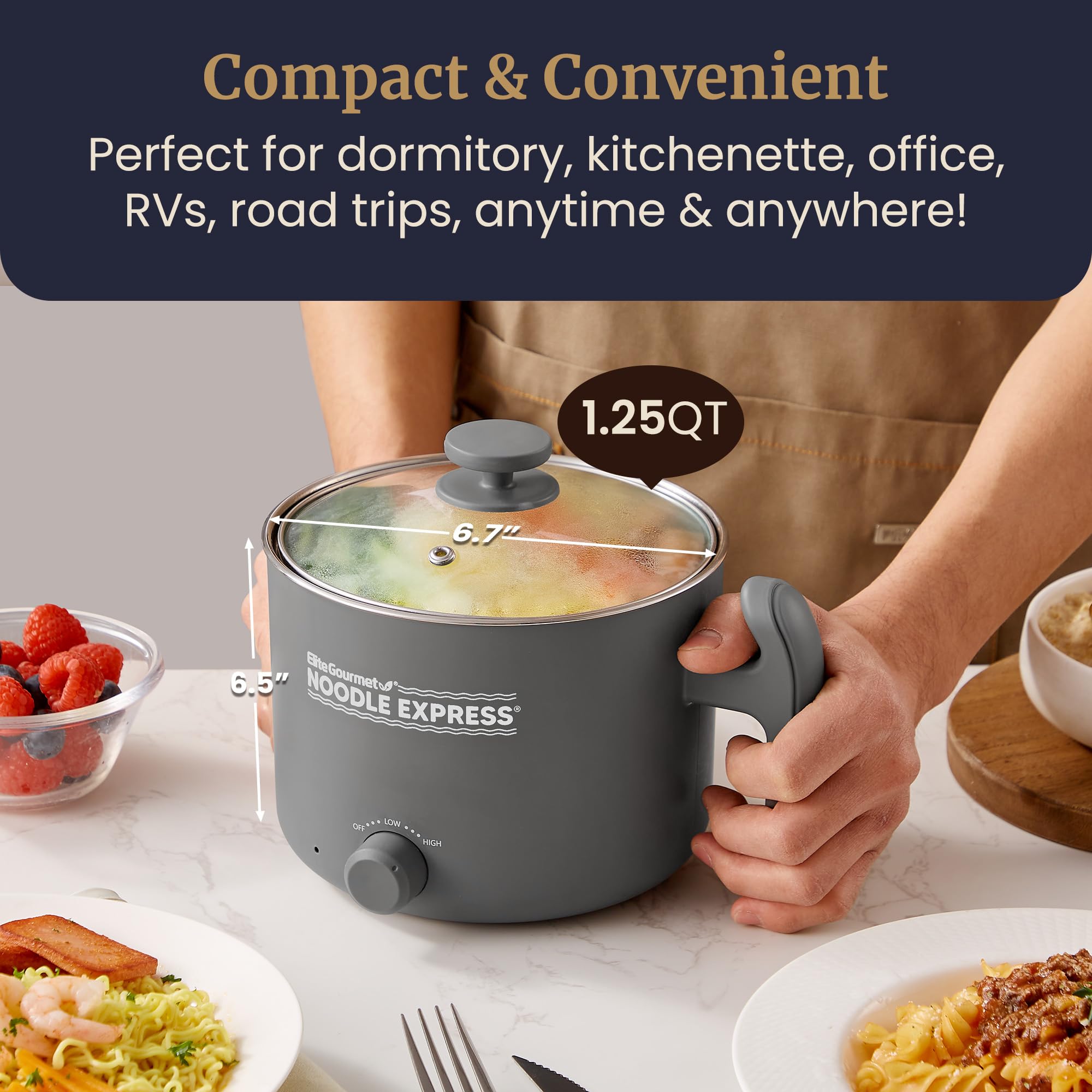 Elite Gourmet in use with ramen demonstrating fast single-serve meal preparation