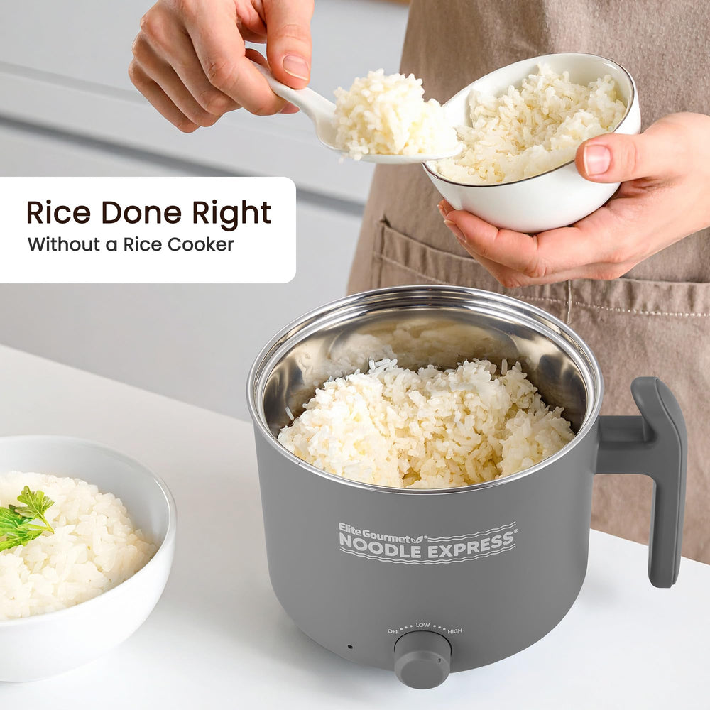 Elite Gourmet beside a mug size comparison showing small footprint for tight counters
