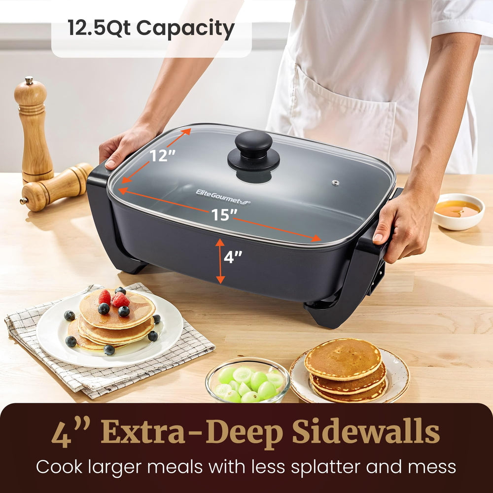 Elite Gourmet skillet with tempered glass lid locked showing moisture retention benefit