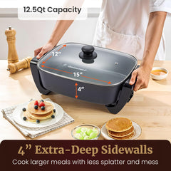 Elite Gourmet skillet with tempered glass lid locked showing moisture retention benefit