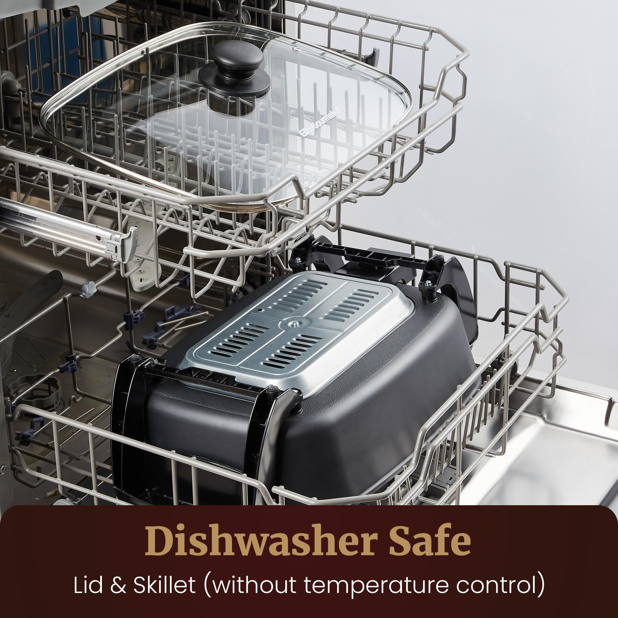 Elite Gourmet skillet ready on top-rack dishwasher showing easy-clean benefit