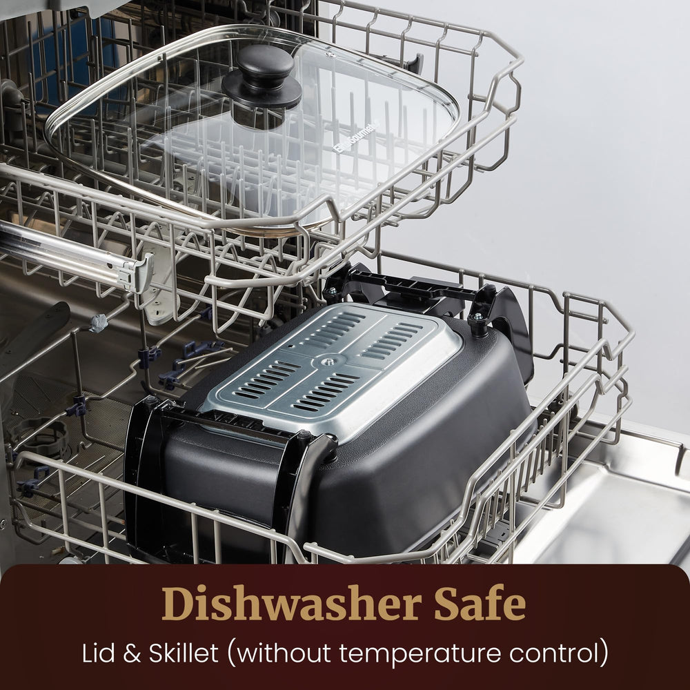 Elite Gourmet skillet ready on top-rack dishwasher showing easy-clean benefit