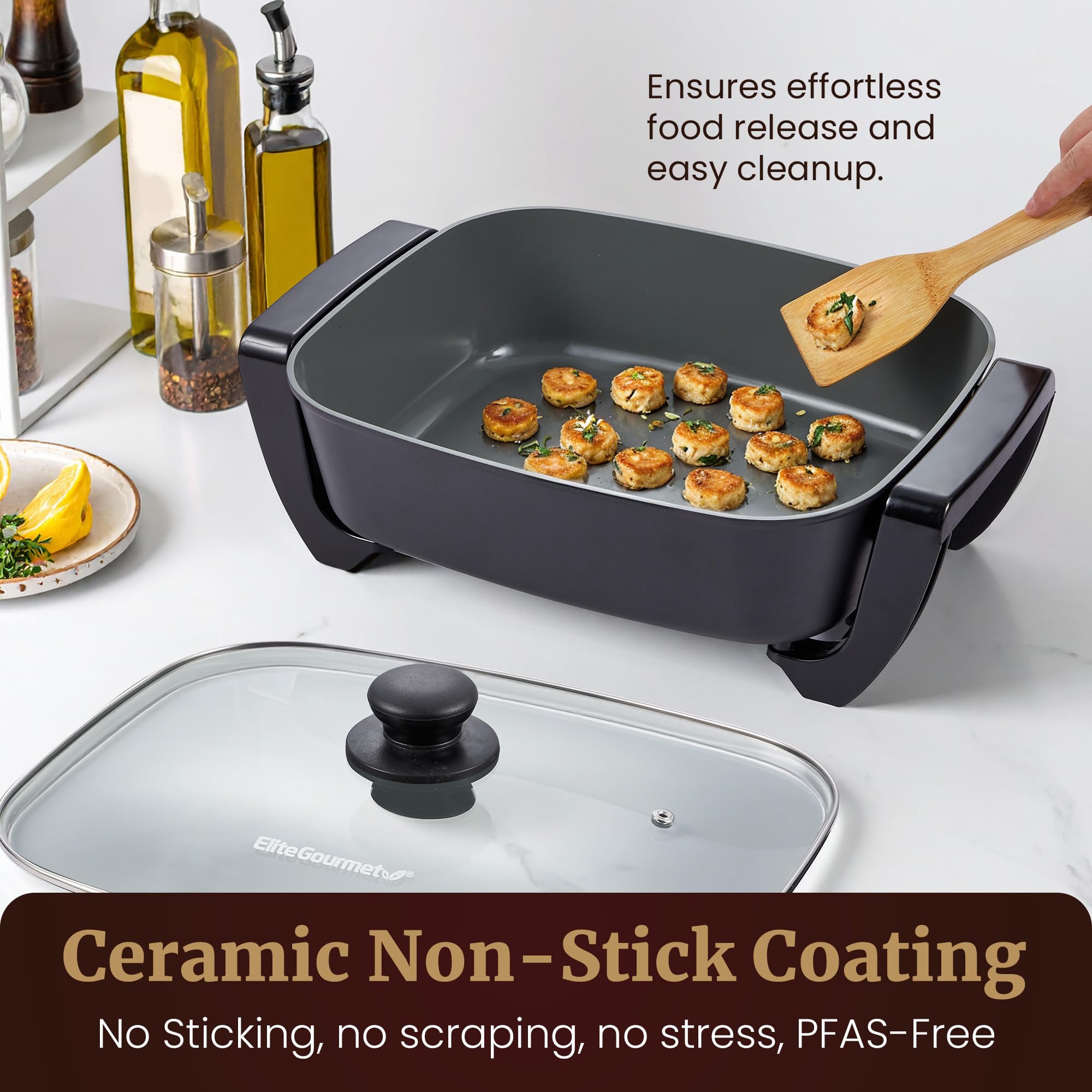 Elite Gourmet temperature probe and controls detail showing precise cooking benefit
