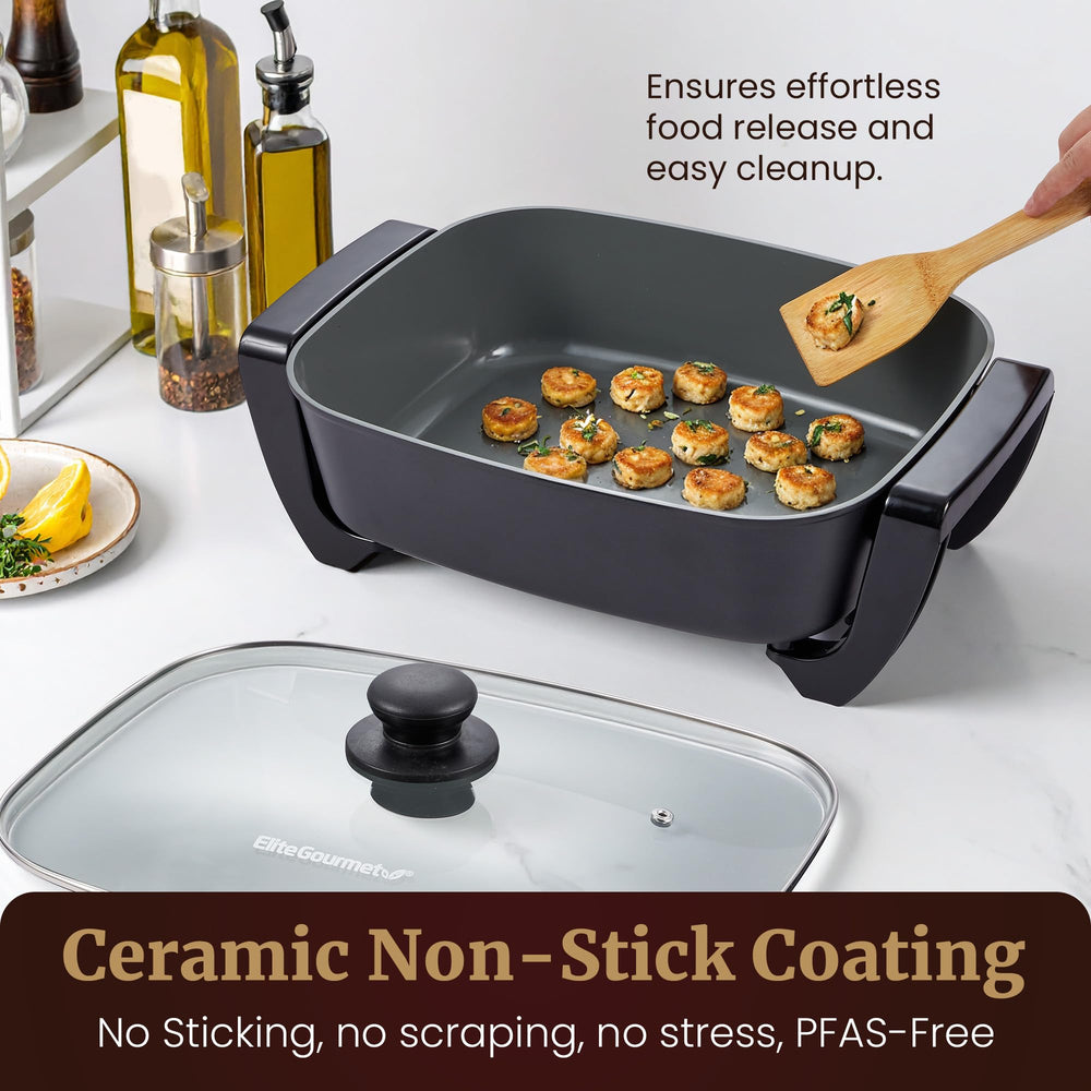 Elite Gourmet temperature probe and controls detail showing precise cooking benefit