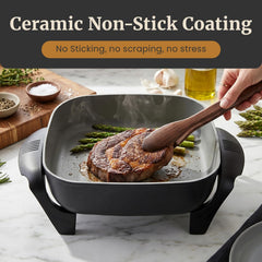 Elite Gourmet tempered glass lid detail showing moisture retention and visibility while cooking