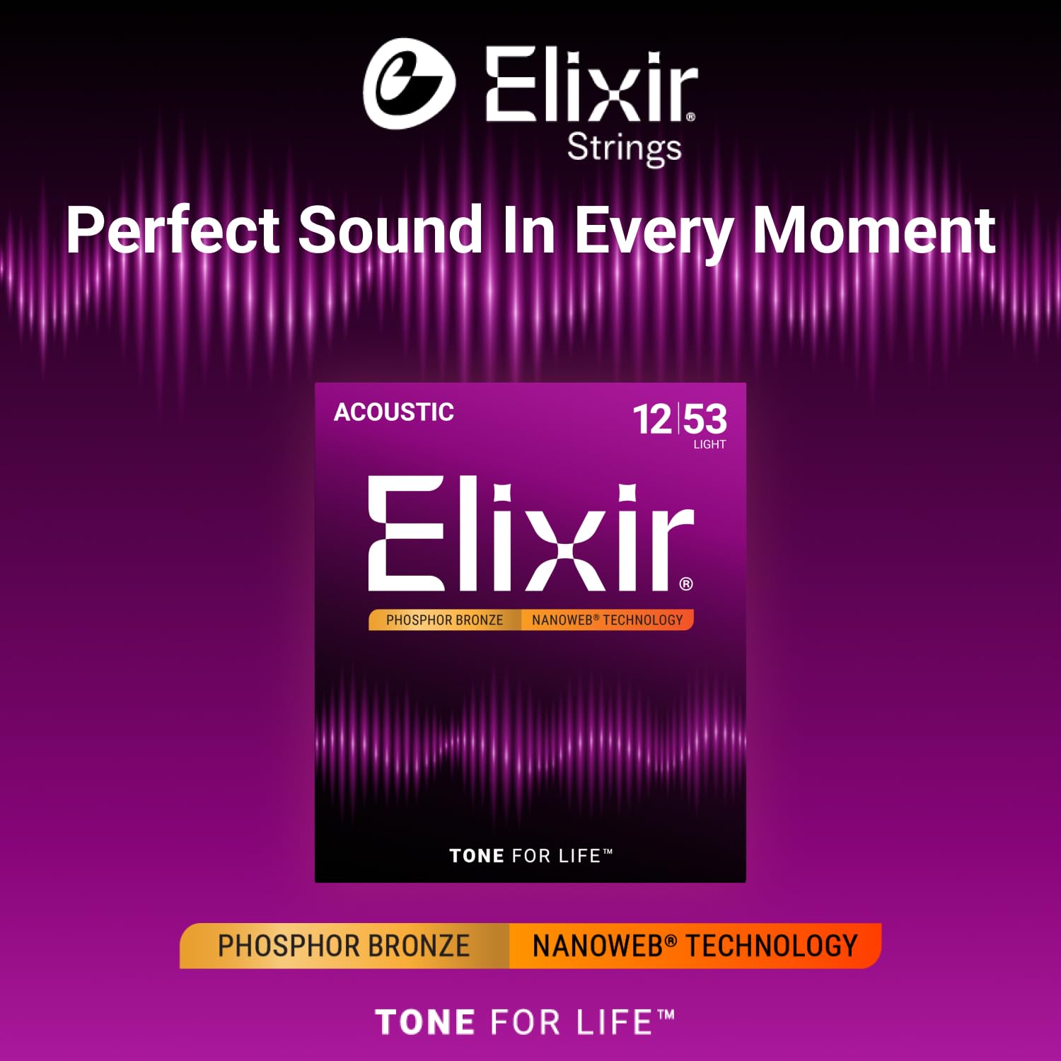 Elixir strings installed on acoustic guitar providing sustained, bright tone