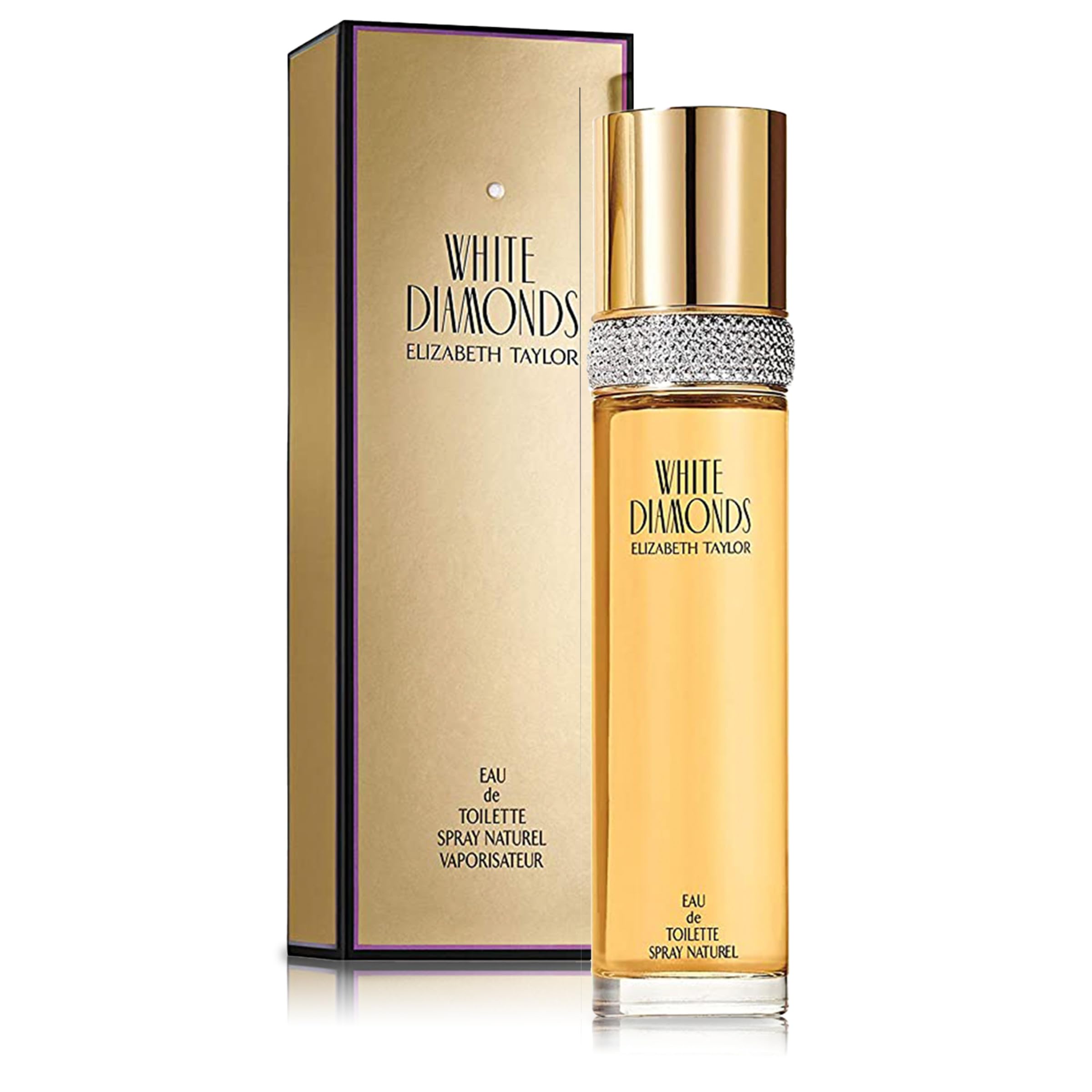 Elizabeth Taylor White Diamonds front bottle showing elegant glass and label, conveys luxury