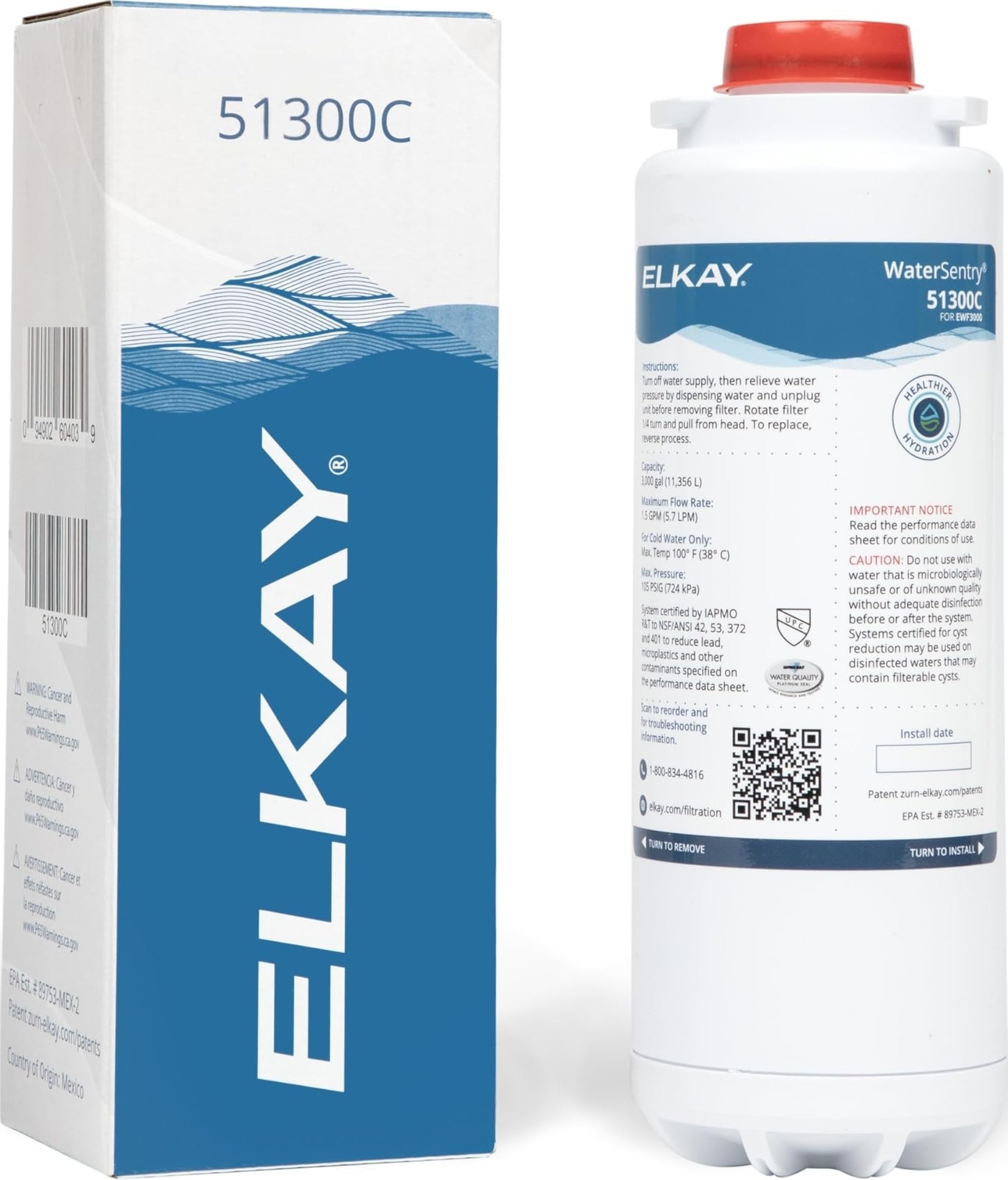 Elkay WaterSentry Plus front view showing cartridge and brand, improves water taste