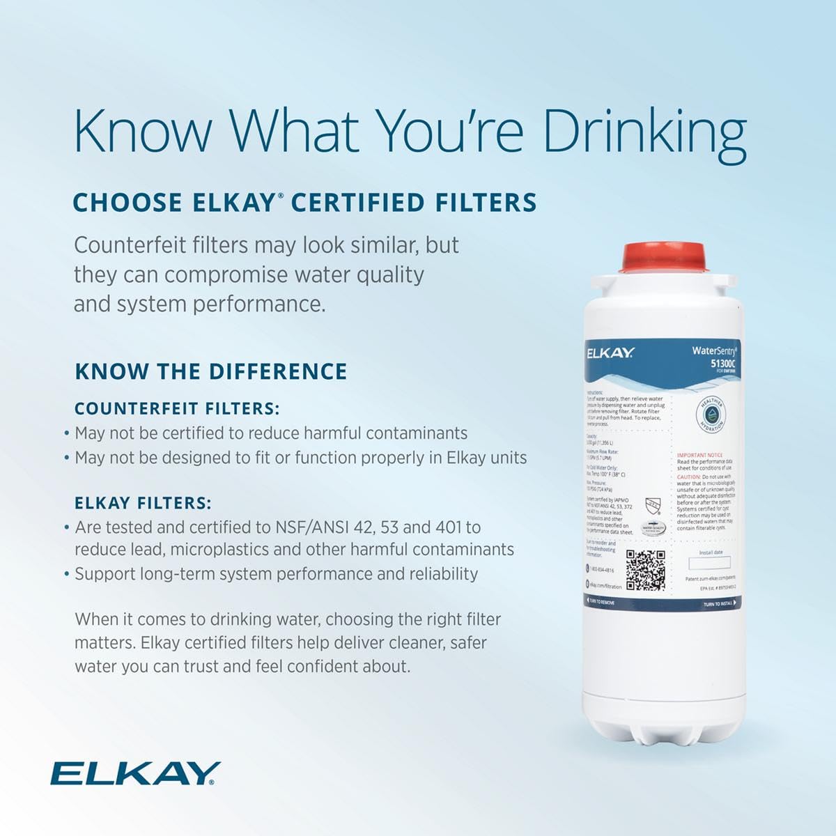 Elkay WaterSentry Plus label and NSF markings highlighting certified contaminant reduction