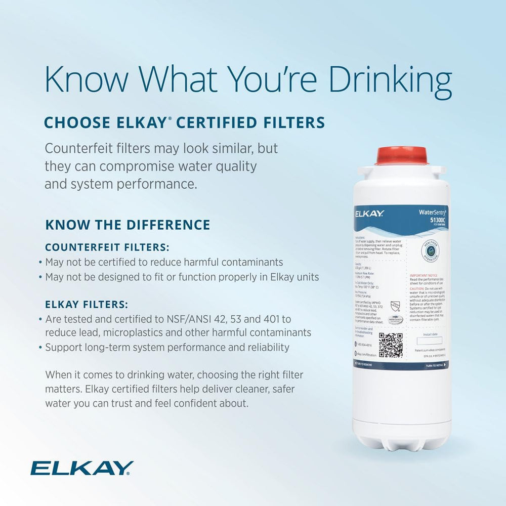 Elkay WaterSentry Plus label and NSF markings highlighting certified contaminant reduction