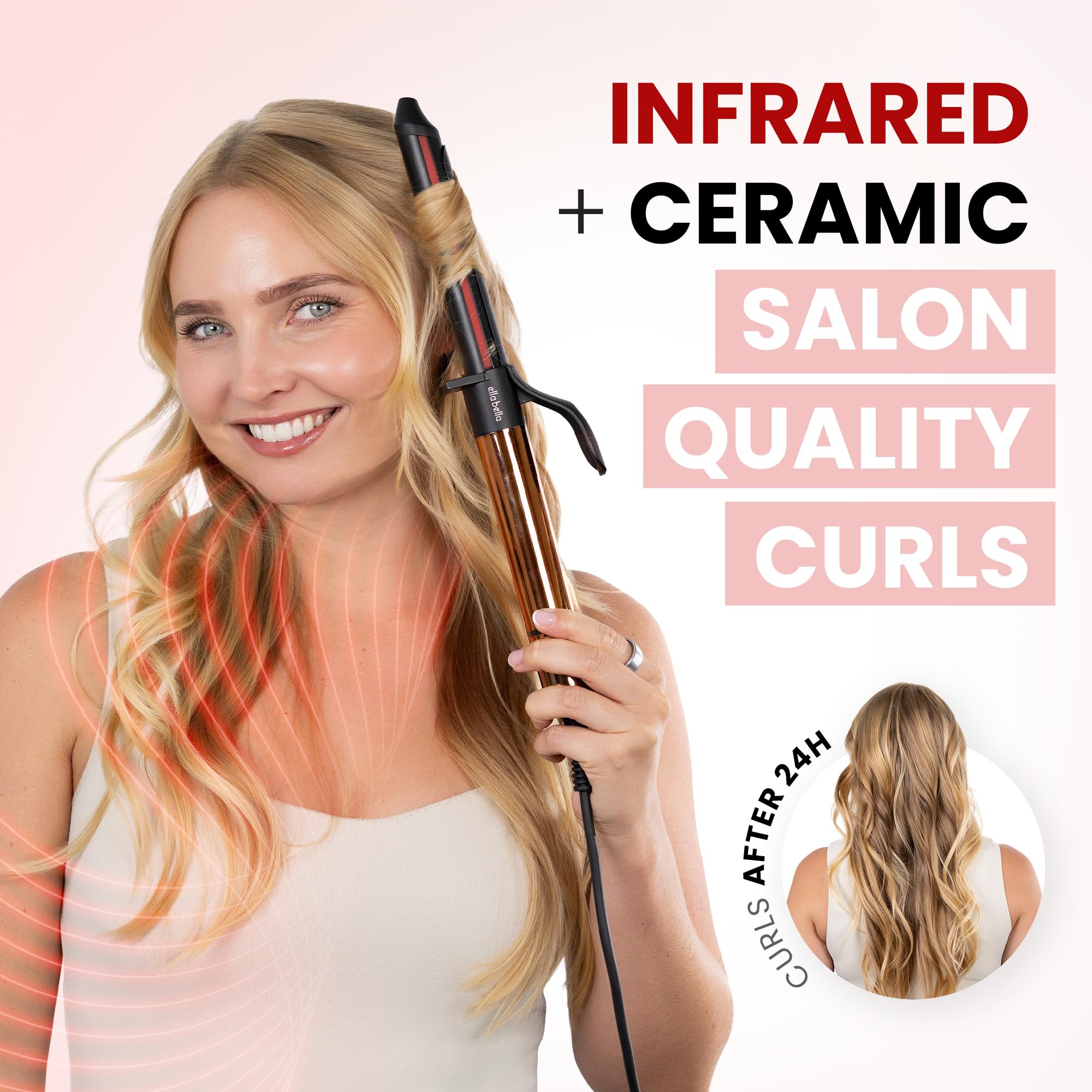 ELLA BELLA ceramic barrel close-up showing smooth surface for even heat and frizz control