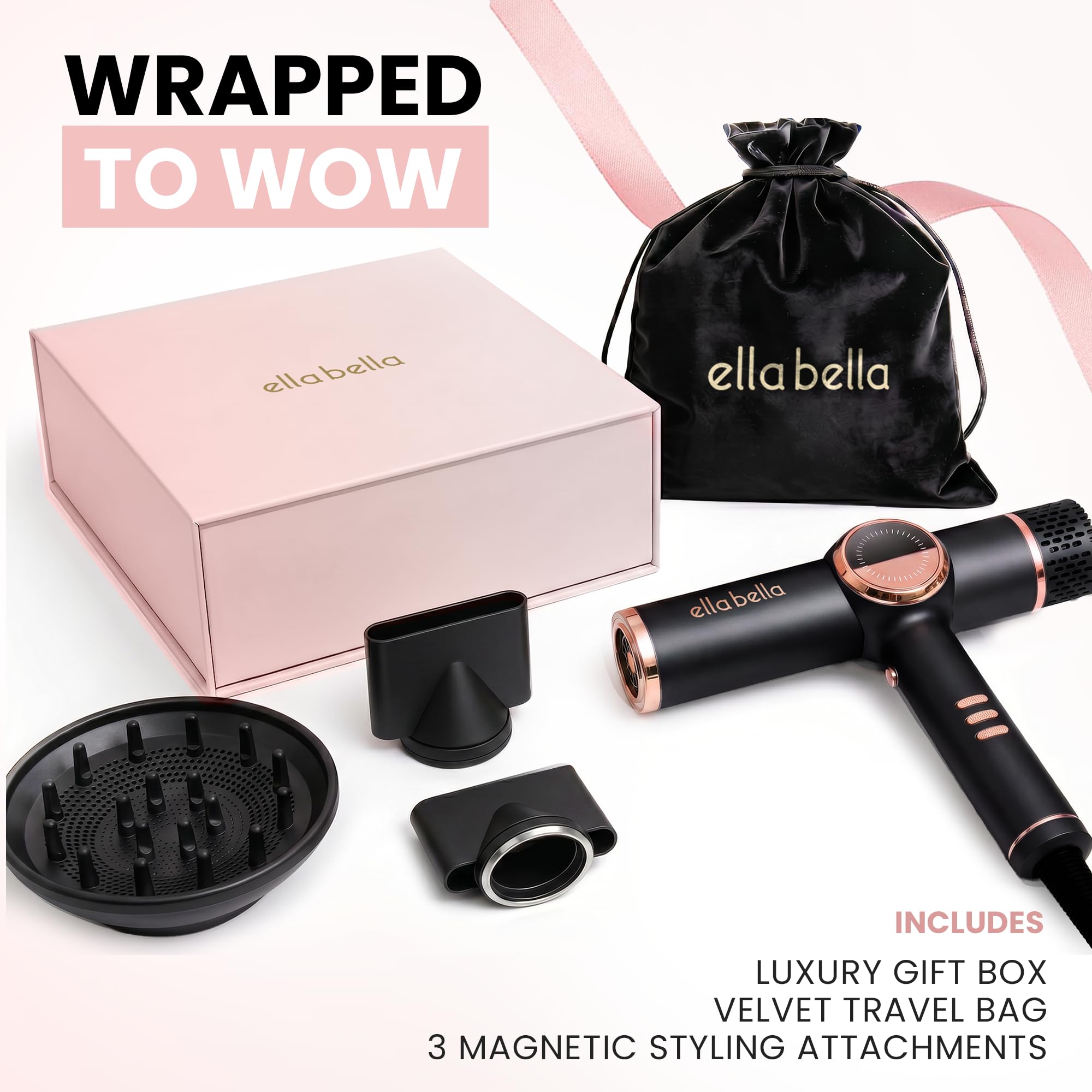 ELLA BELLA dryer held in hand to show size and travel-friendly portability