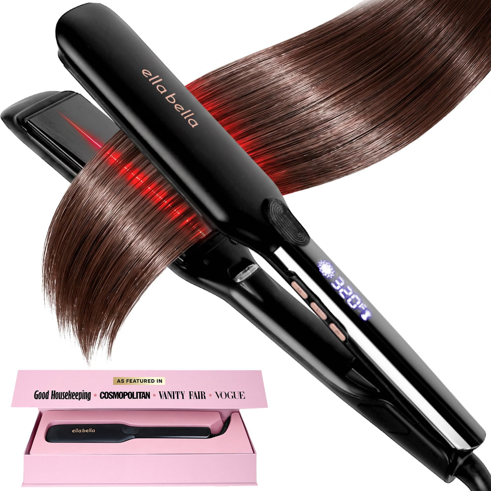 ELLA BELLA front view of large titanium flat iron showcasing sleek design and reliability
