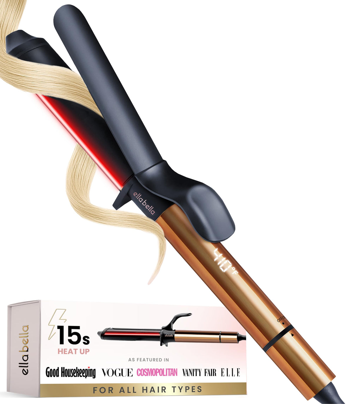 ELLA BELLA front view curling wand showing sleek design and professional finish