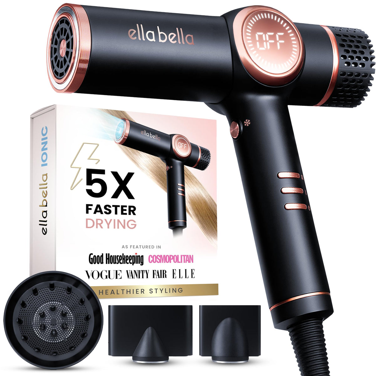 ELLA BELLA front view compact dryer showing sleek body and controls, convenient styling