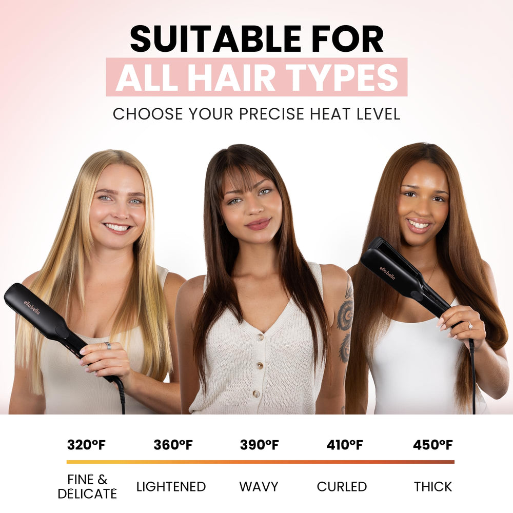 ELLA BELLA flat iron next to a hand to show plate width and size reference