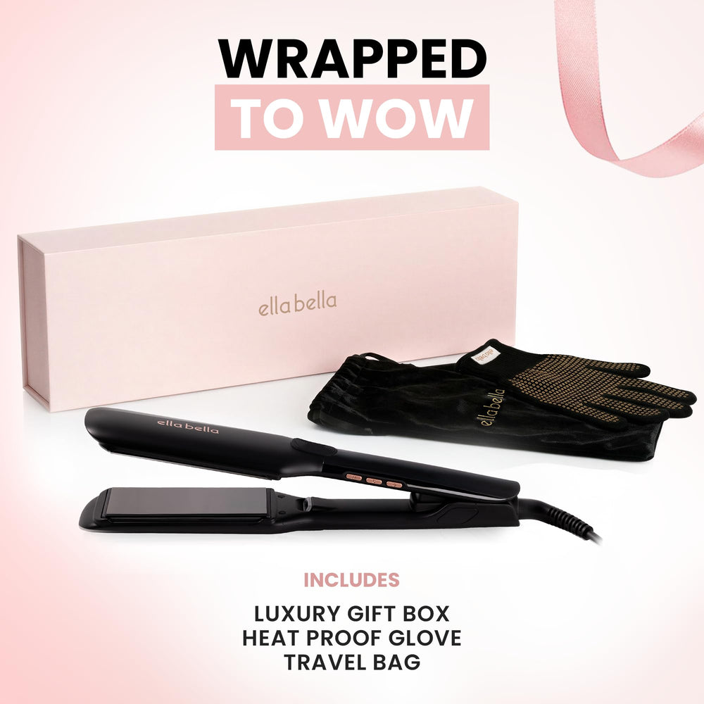 ELLA BELLA straightener in use on long hair for fast smoothing and shine