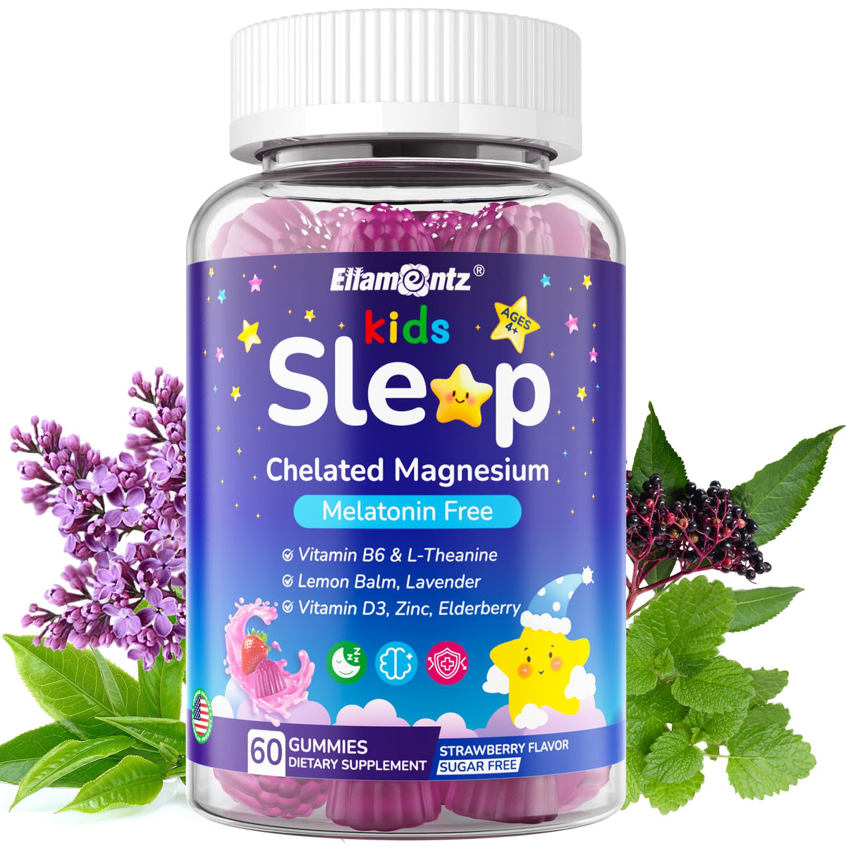 ELLAMENTZ front packaging showing sleep gummies and benefits