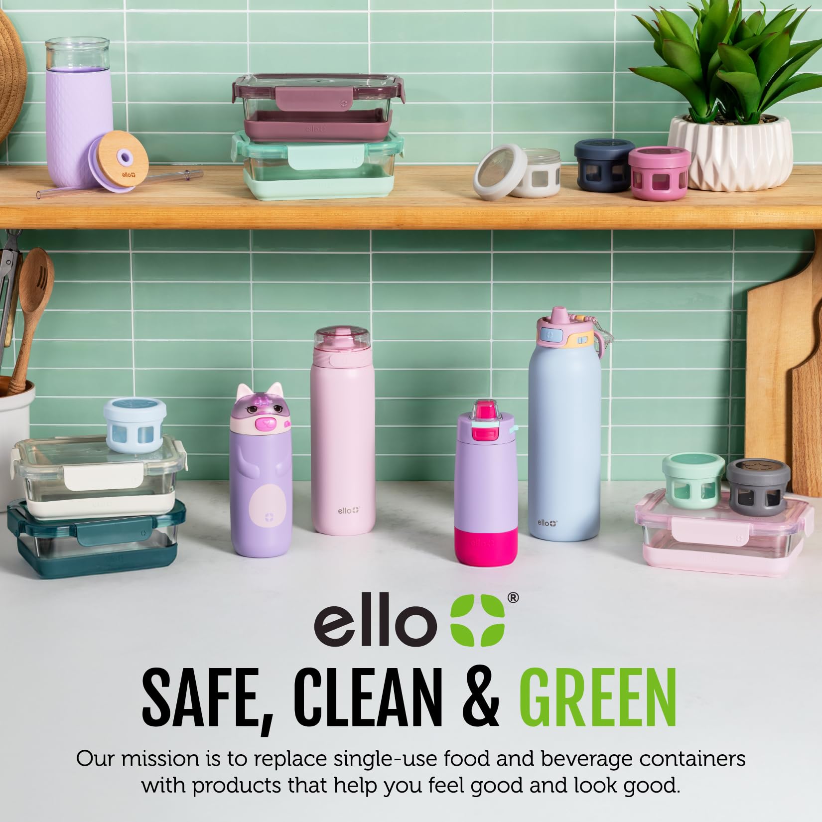 Ello Duraglass full set on kitchen counter showing stylish meal prep convenience