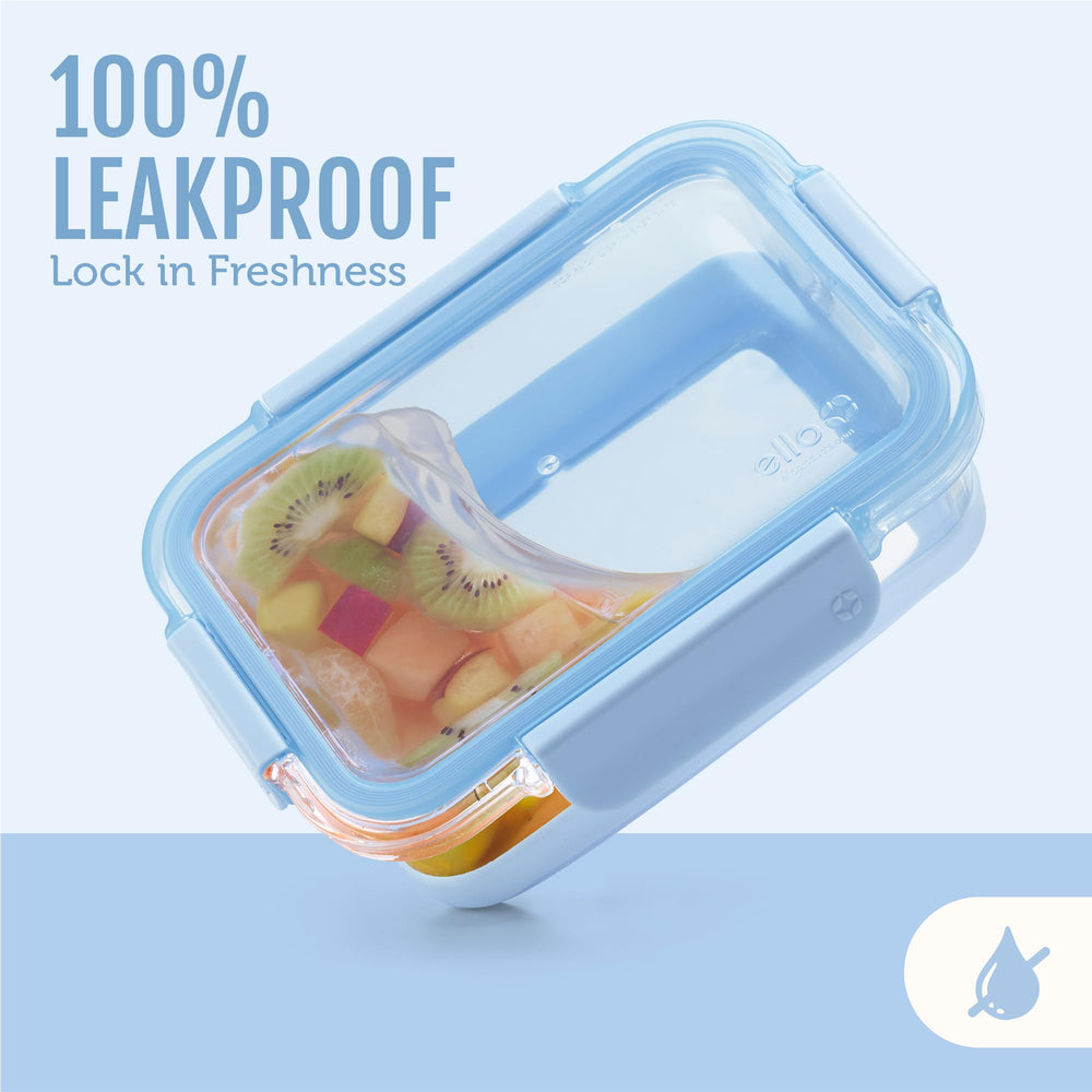 Ello Duraglass stacked containers in fridge showing space-saving organization benefit