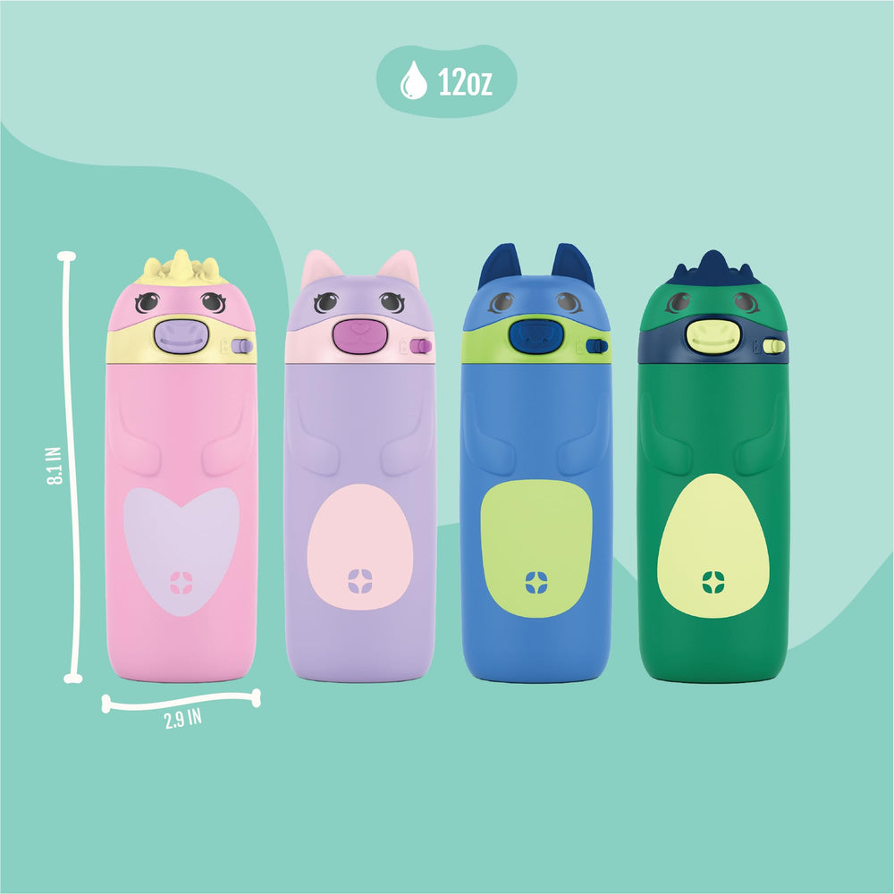 Ello Ellies Dino flip lid open revealing straw for one-handed drinking convenience