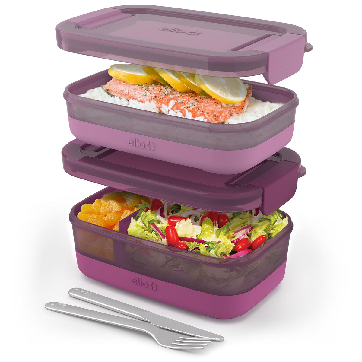 Ello Lunch Stack front view raspberry showing compact stack and color, portable meal solution