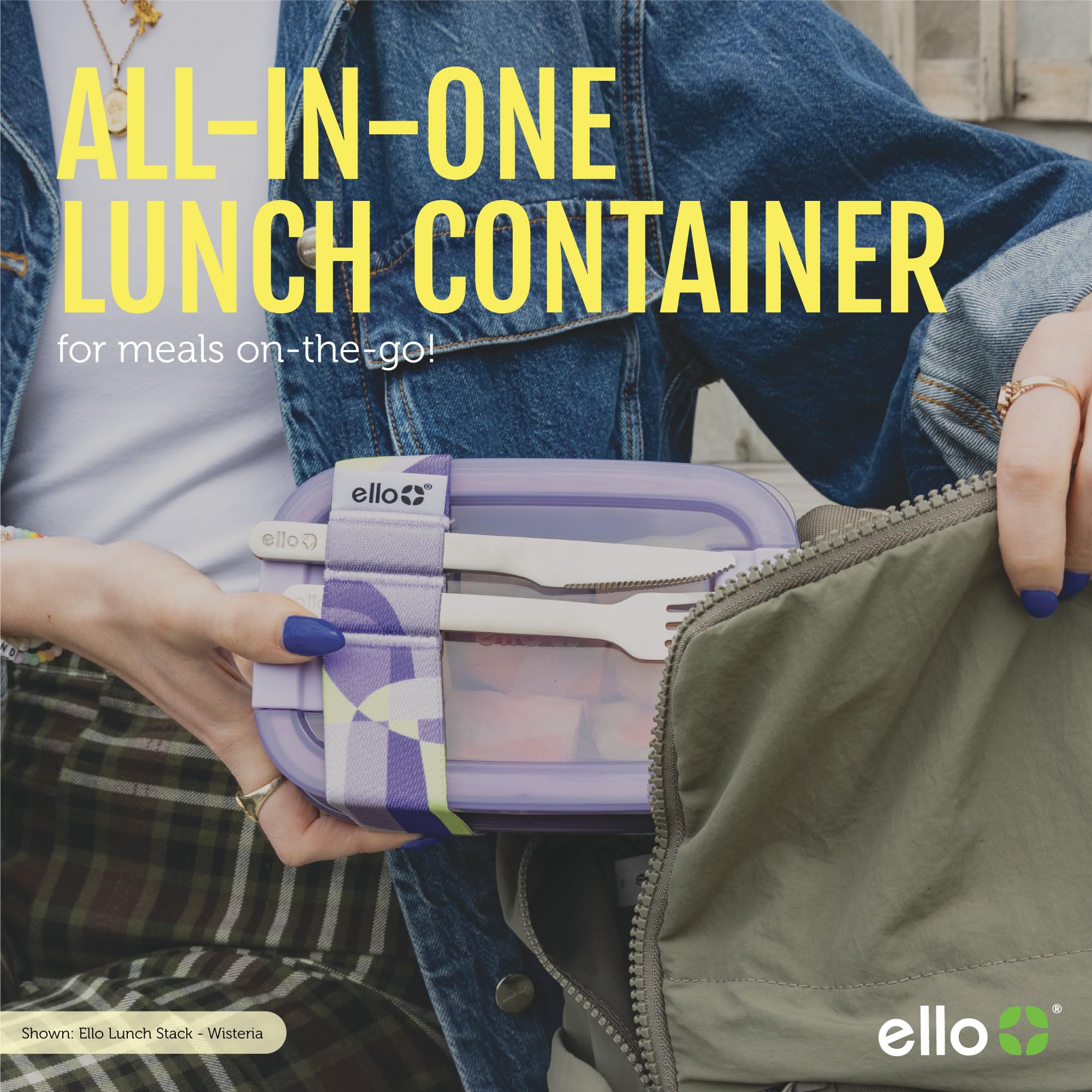 Ello Lunch Stack close-up of snap-on lids locking to prevent spills and keep food fresh