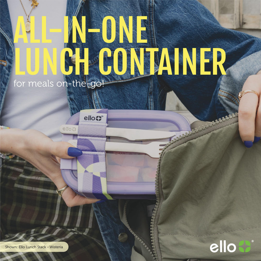 Ello Lunch Stack close-up of snap-on lids locking to prevent spills and keep food fresh