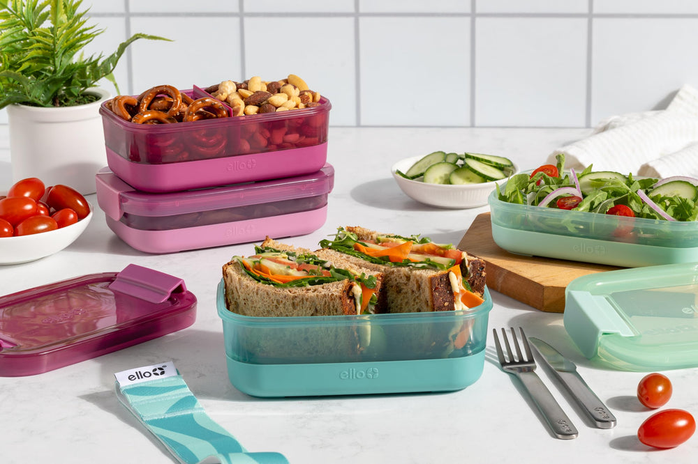 Ello Lunch Stack on a table with prepared lunch showcasing easy meal prep and serving