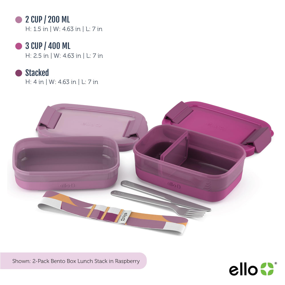 Ello Lunch Stack stainless steel fork and knife tucked under washable strap for convenience