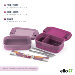 Ello Lunch Stack stainless steel fork and knife tucked under washable strap for convenience