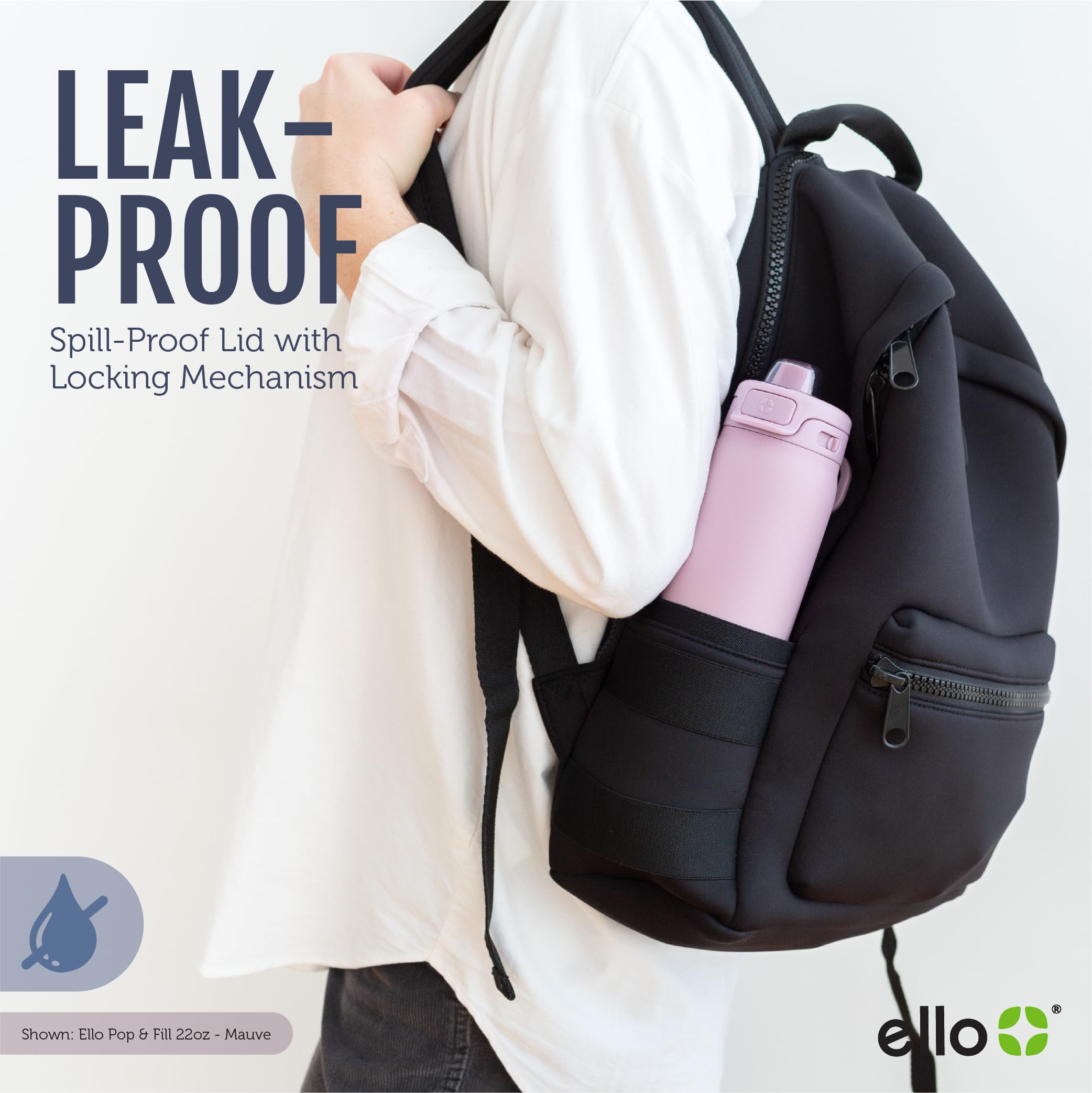 Ello Pop & Fill carry loop attachment showing loop and benefit: travel convenience