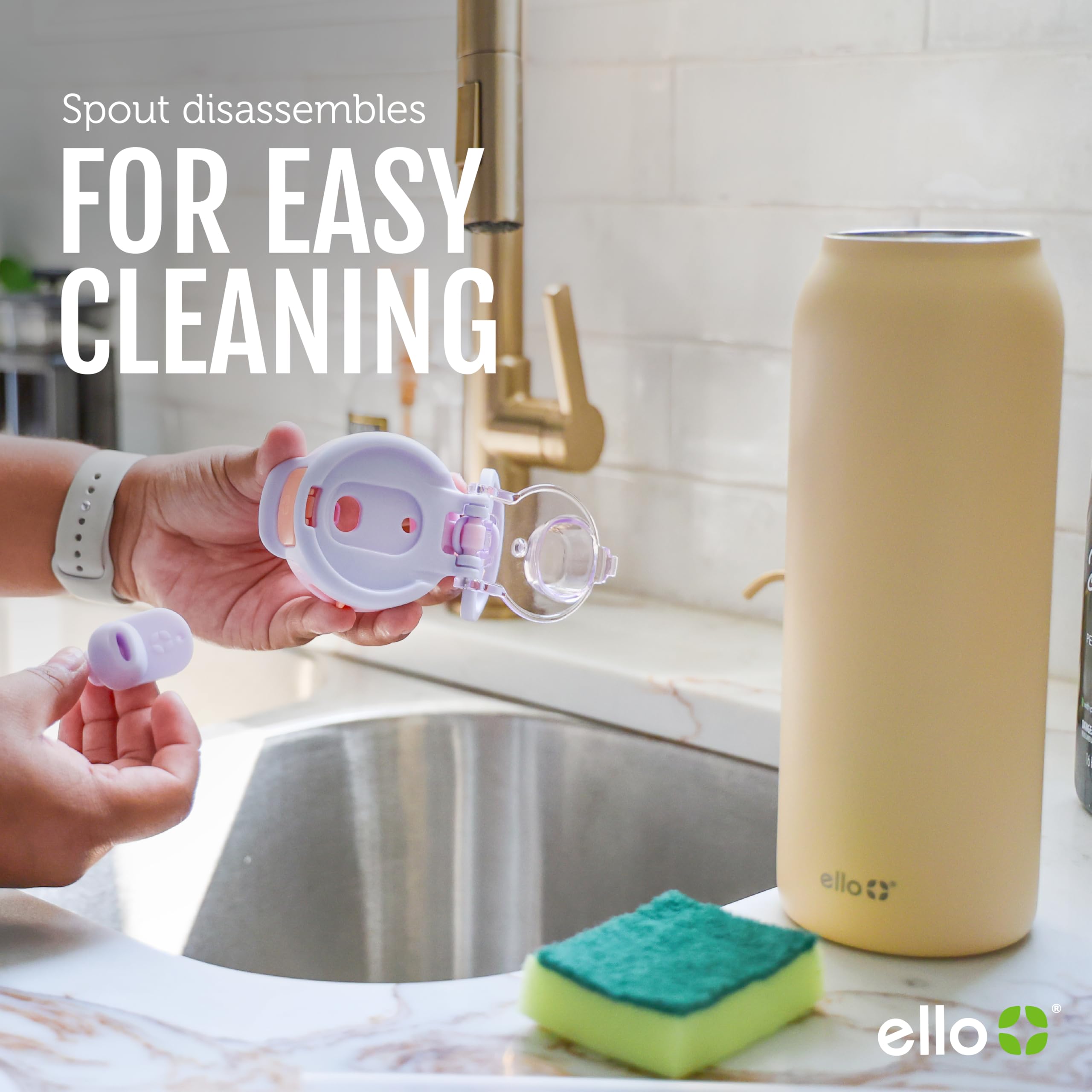 Ello Pop & Fill dishwasher parts laid out showing removable pieces and benefit: easy cleaning