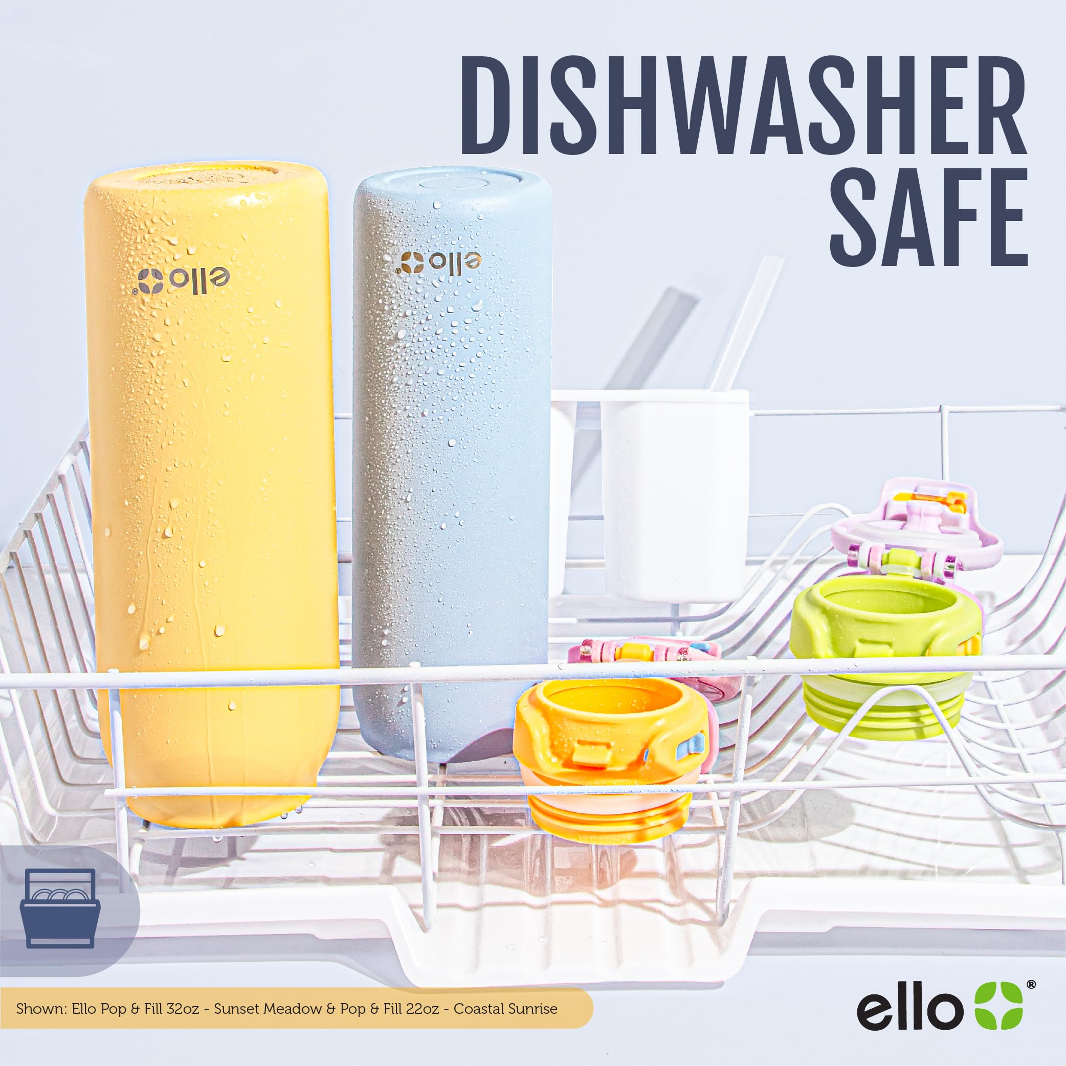 Ello Pop & Fill locking clip detail showing secure latch and benefit: leak protection