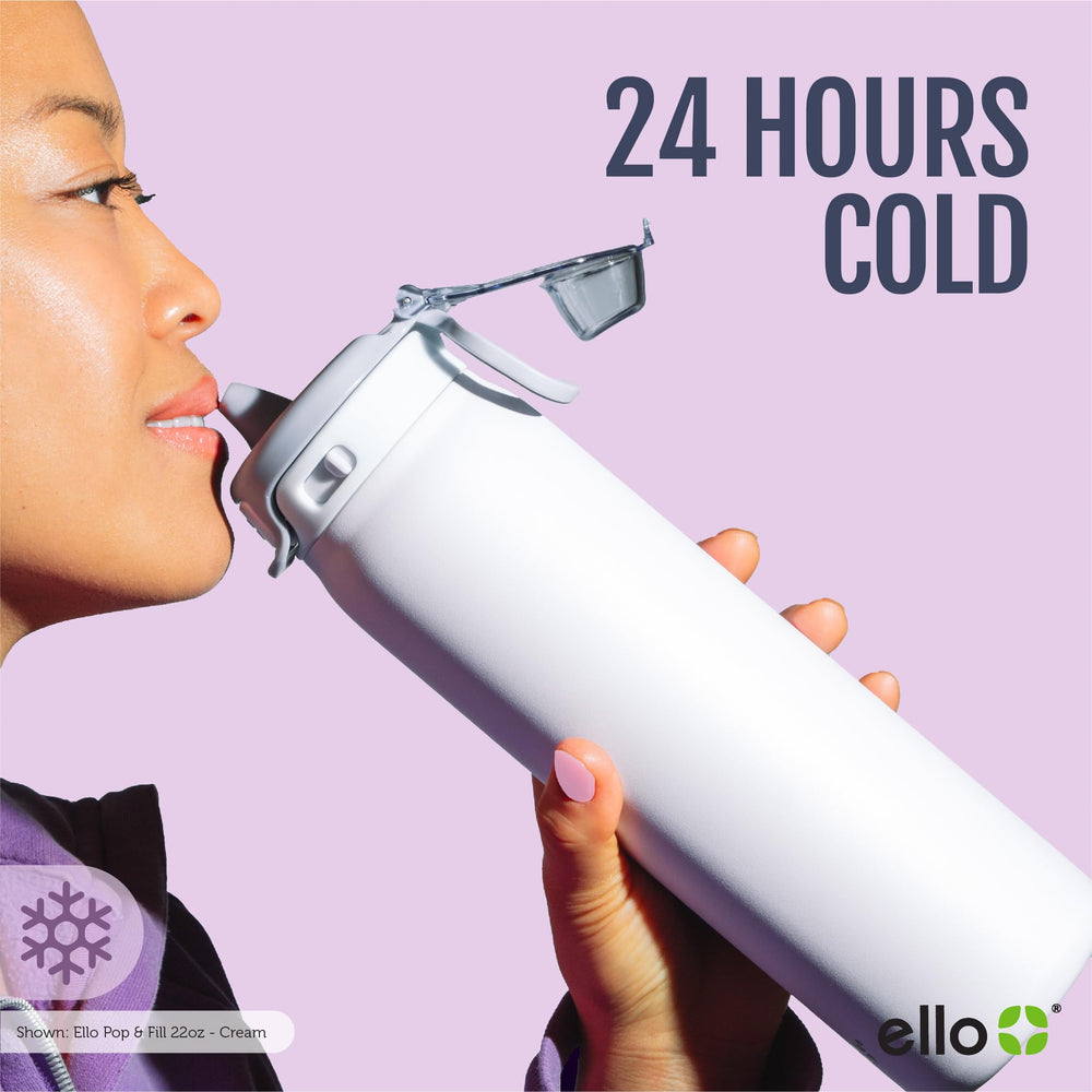 Ello Pop & Fill in hand for scale showing 32oz size and benefit: generous capacity