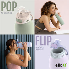 Ello Pop & Fill straw close-up showing silicone spout and benefit: easy sipping