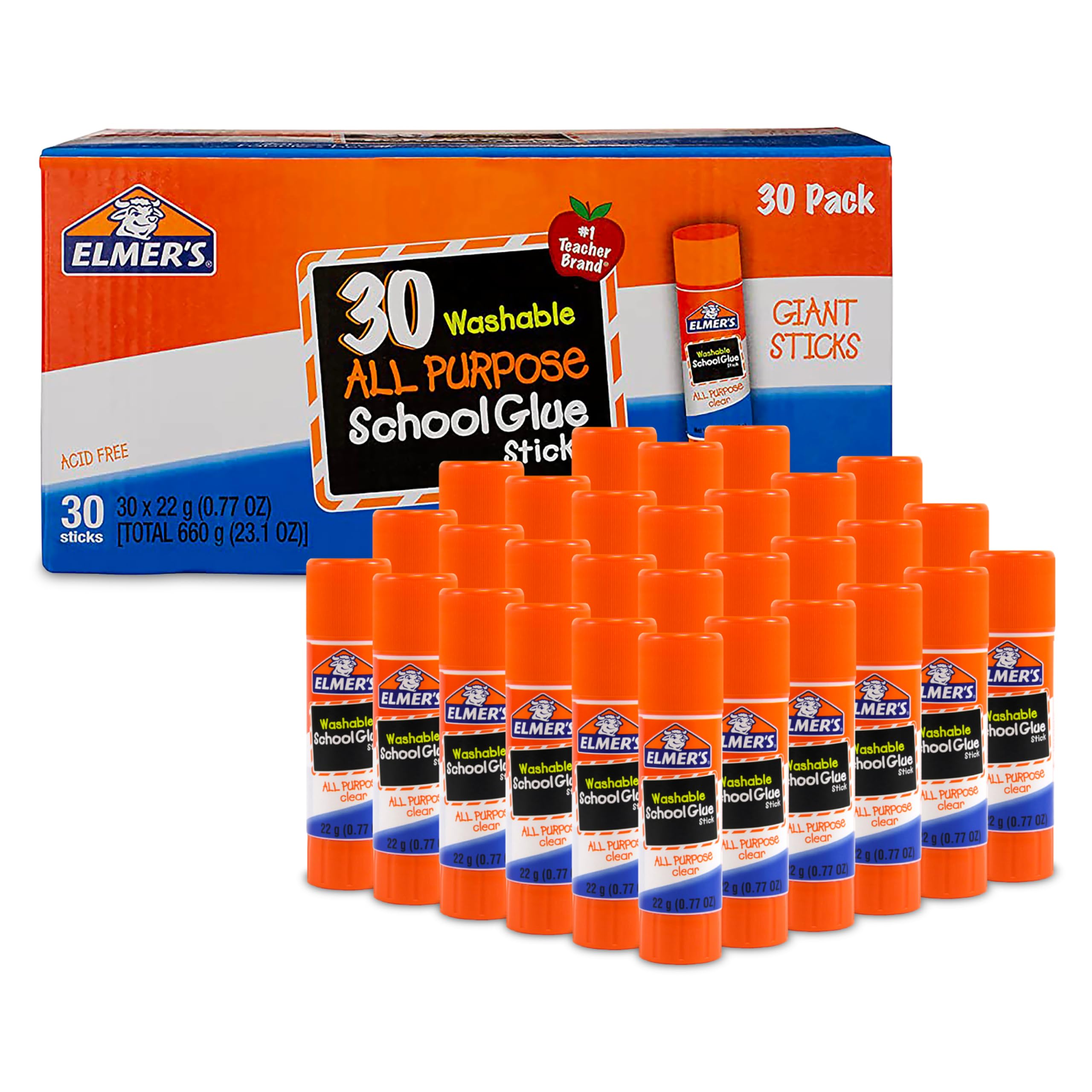 Elmer's front packaging showing full 30-count pack for classroom convenience