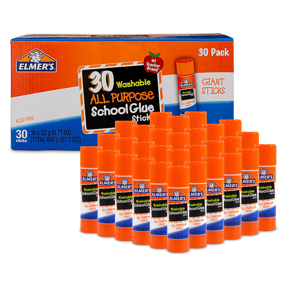 Elmer's front packaging showing full 30-count pack for classroom convenience
