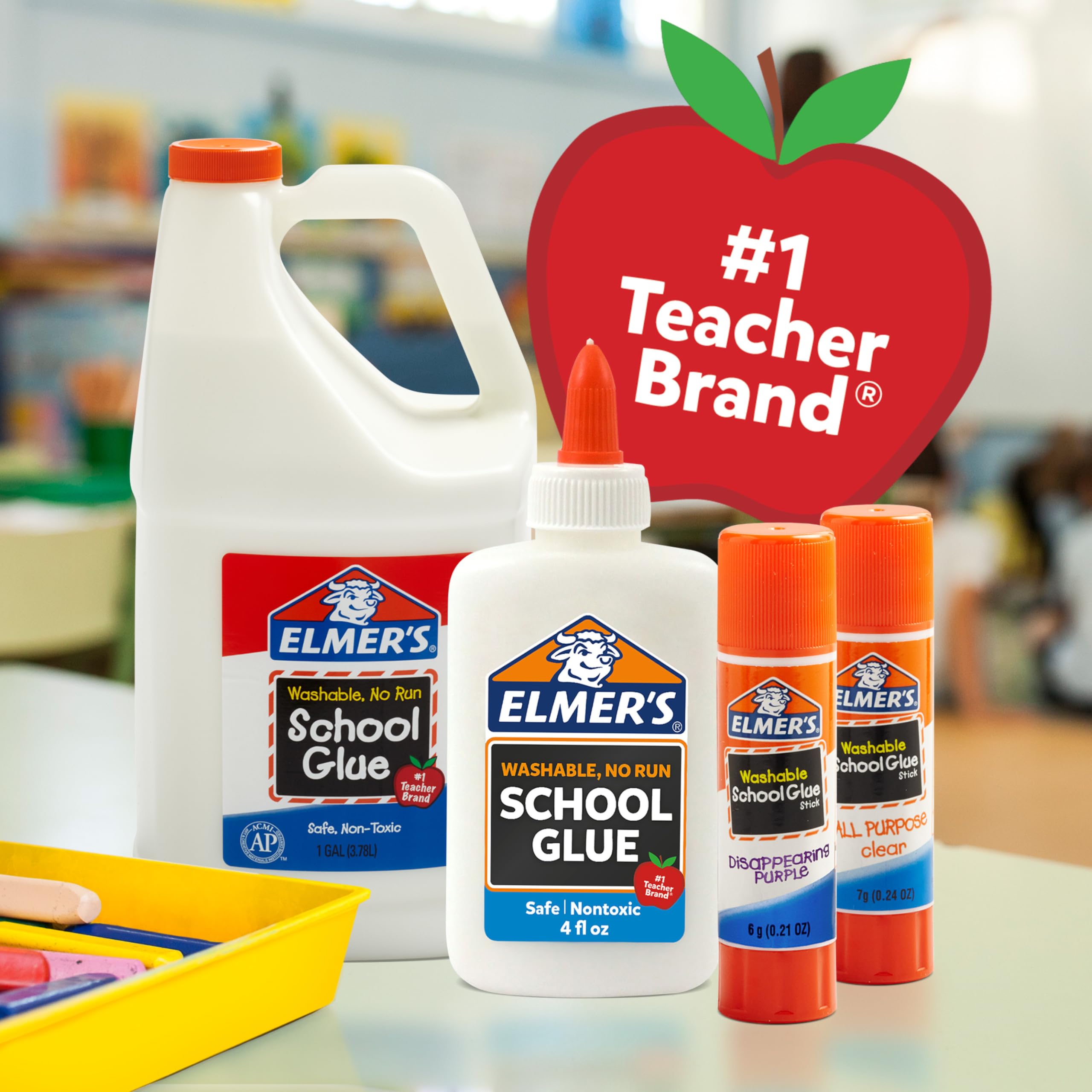 Elmer's glue sticks on classroom desk displaying trusted teacher brand supplies