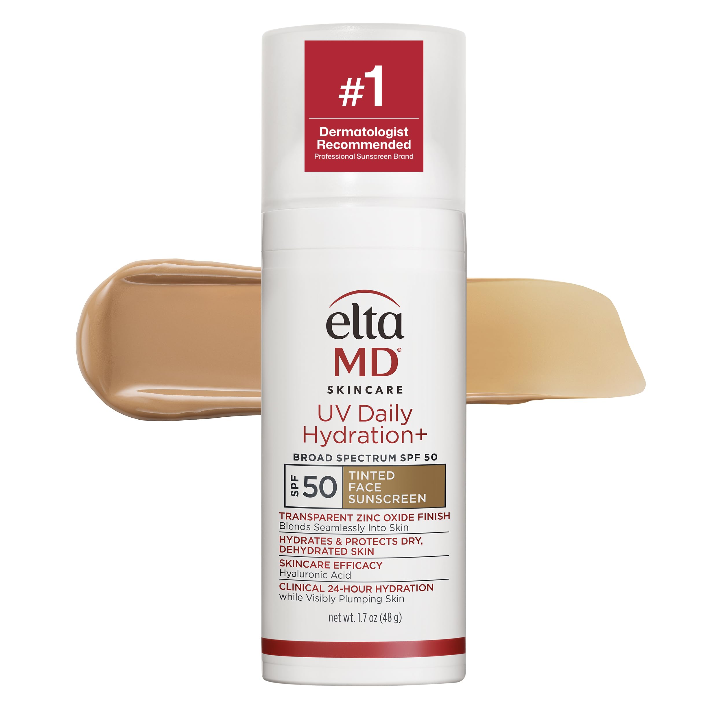 EltaMD front packaging of Hydration+ Tinted SPF 50 showing compact 1.7 oz pump